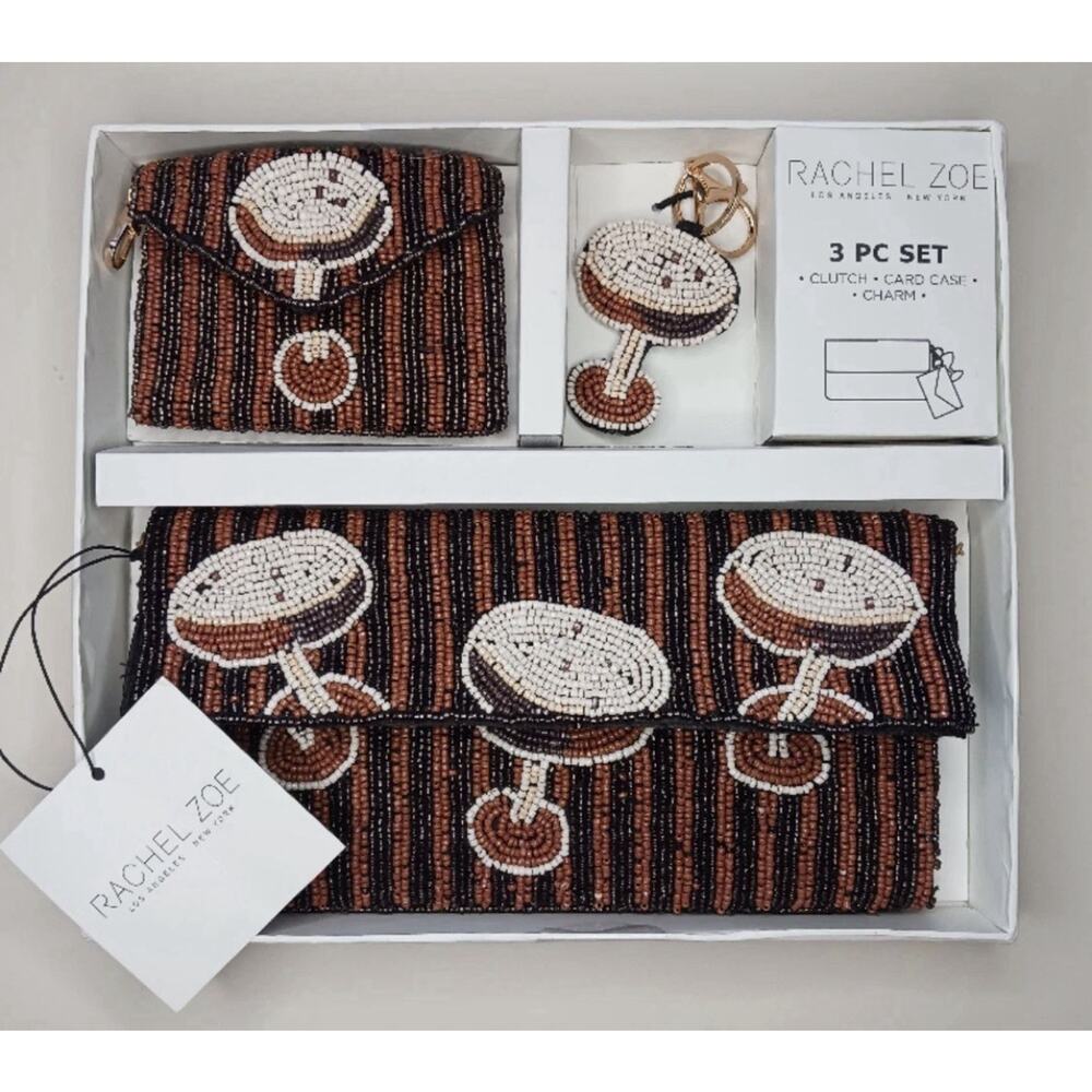 Rachel Zoe Clutch Purse W/Strap 3 PC Set Card Case & Charm Espresso Martini Bead